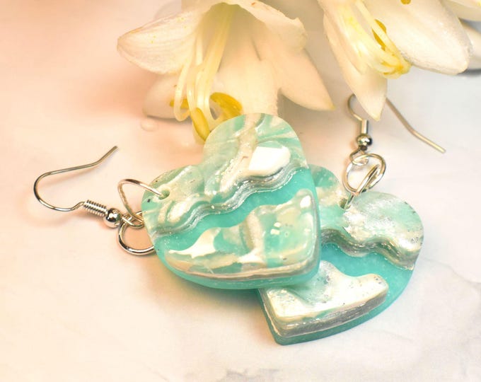 Stone Heart Earrings, Mint Green Earrings, Stone Clay Earrings