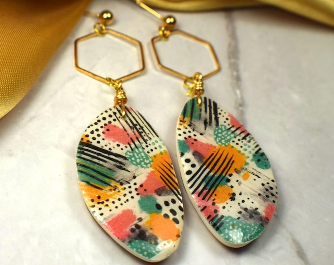 Abstract Art Earrings, Unique Clay and Gold Filled Earrings