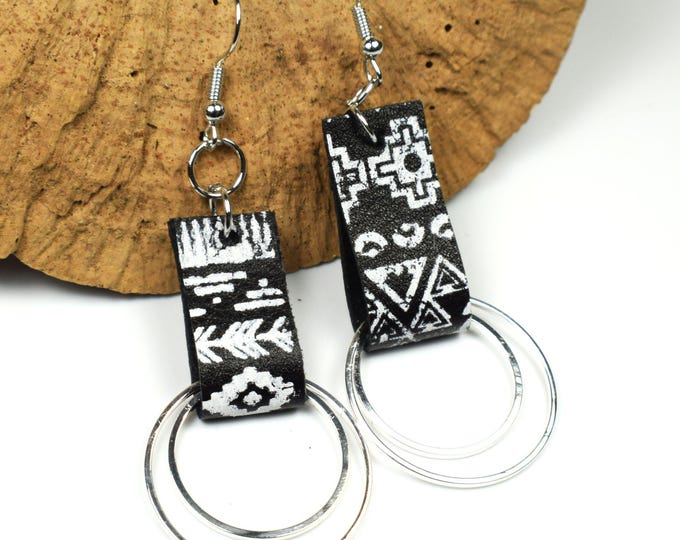 Boho Leather Earrings, Bold Stenciled Leather Earrings, Unique Earrings, Statement Silver Hoop Earrings
