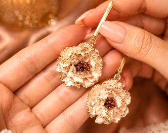 Handcrafted Blush Floral Polymer Clay Bridal Earrings, Gold Bar Drop Wedding Jewelry