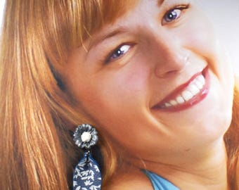Leather and Clay Flower Earrings, Gray Earrings, Spring Earrings, Pinched Earrings