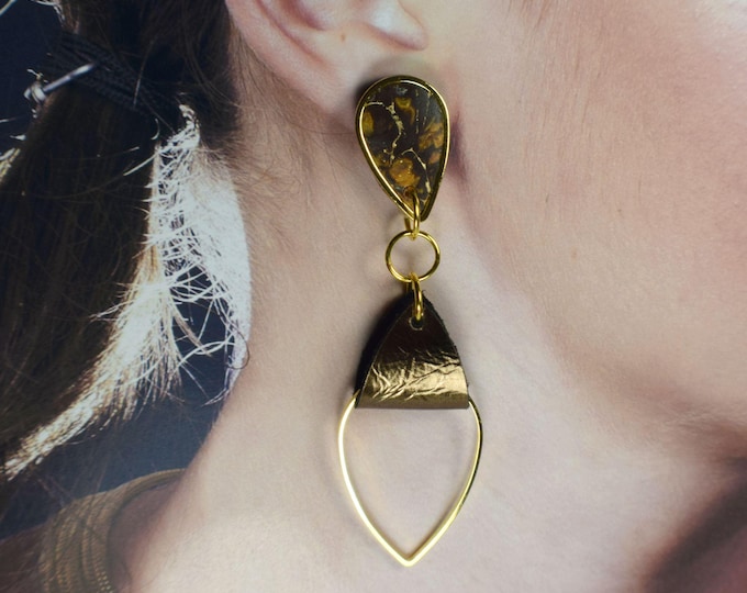 Leather Earring Teardrop Hoop, Boho Clay Earring, Genuine Leather, Stone Clay Accent