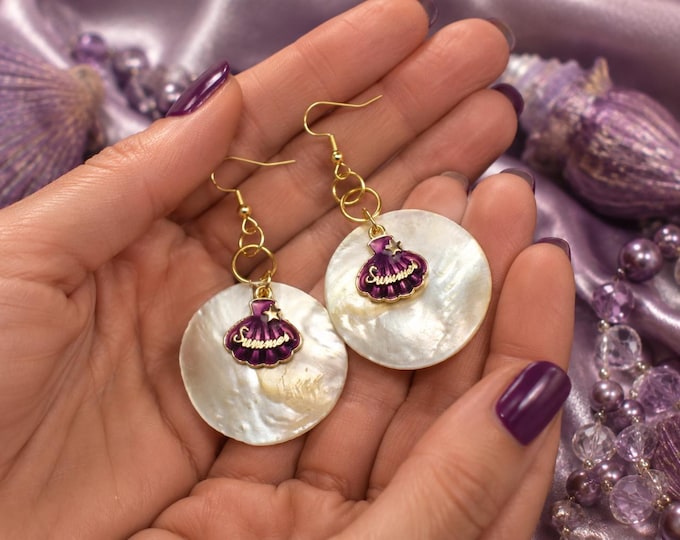 Mother of Pearl Disc Earrings with Purple Shell Charm, Gold Beach Dangle Coastal Jewelry