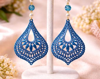 Wood Earrings Laser Cut, Blue Swarovski Crystal Pearl Dangles