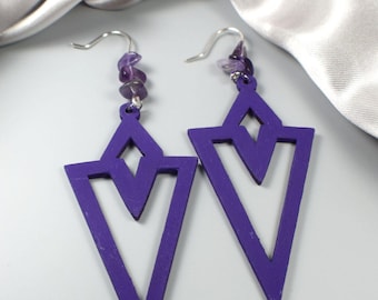 Modern Geometric Wood Statement Earrings, Lightweight Wood Dangle Earrings, Amethyst Bead Earrings, Bold Modern Jewelry Gift for Her