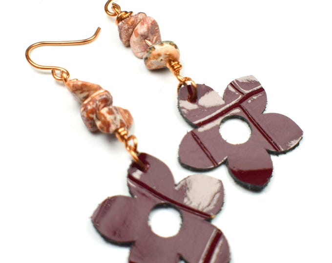 Leather Flower Earrings, Stone Earrings, Flower Earrings, Gift for Her Earrings