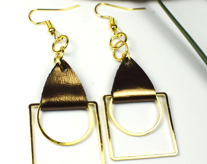 Leather Earrings, Geometric Earrings, Gold and Leather Earrings, Boho Earrings, Abstract Earrings