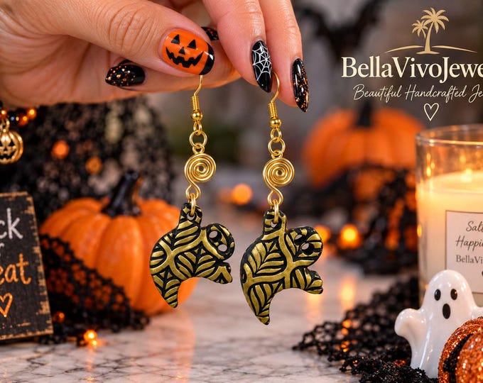 Gold Ghost Halloween Earrings, Polymer Clay  Spooky Dangle Earrings, Halloween Jewelry, Witchy Gift, Fall Earrings