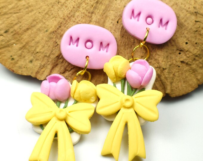 Bow Earrings, Tulip Flower Earrings, Pink & Yellow Earrings, Spring and Summer Earrings