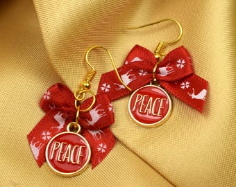 Christmas Peace Charm & Red Fabric Bow Earrings, Positive Message Earrings, Jewelry Gift, Stocking Stuffer