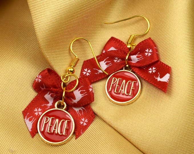 Christmas Peace Charm & Red Fabric Bow Earrings, Positive Message Earrings, Jewelry Gift, Stocking Stuffer