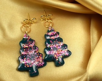 Glitter Christmas Tree Dangle Earrings, Hypoallergenic
