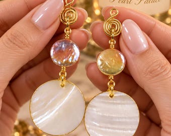 Mother of Pearl & Baroque Pearl Earrings, Gold Wire Dangle Earrings, Freshwater Pearl Jewelry, Elegant Handmade Gift for Her