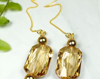 Swarovski Crystal 18K Gold Threader Earrings, Long Dangle Chain Earrings, Minimalist Elegant Jewelry, Bridesmaid Gift, Modern Drop Earrings