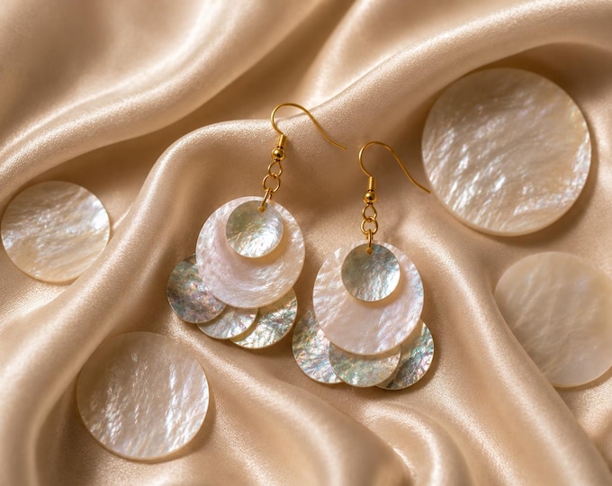 Mother of Pearl Disc Earrings, Gold Dangle Earrings, Coastal Shell Jewelry, Iridescent Statement Earrings, Beach Wedding Jewelry