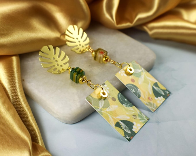 Gold Monstera Leaf Earrings, Floral Recycled Paper Tropical Statement Earrings, Botanical Dangle Earrings, Summer Jewelry Gift for Her