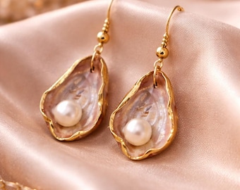 Elegant Clay Oyster Earrings with Genuine Freshwater Pearls | Gold Trim Coastal Jewelry | Beach Wedding Bridal Earrings