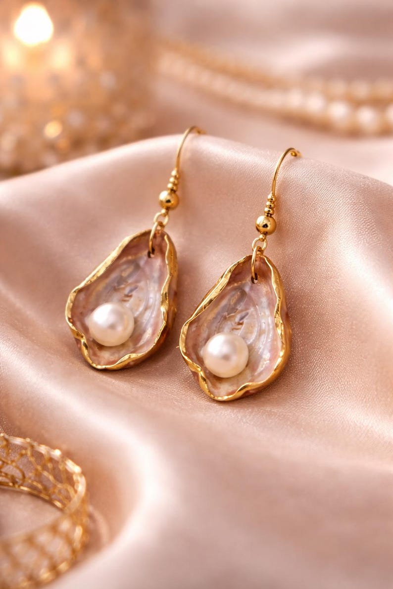 May include: A pair of gold-colored earrings featuring a pearl nestled within a shell-shaped design. The shell has a pinkish interior and a gold-colored trim. The earrings are displayed on a satin surface.