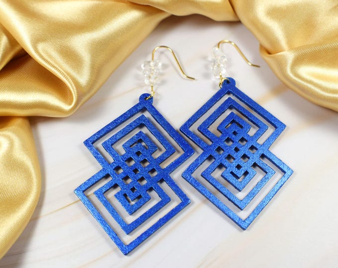 Royal Blue Geometric African Wood Earrings, Modern Lattice Square Statement Jewelry