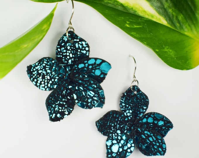 Boho Leather Earrings, Gold Flower Earrings, Blue Leather Jewelry, Flower Leather, Gold Leather, Blue Shimmer Leather