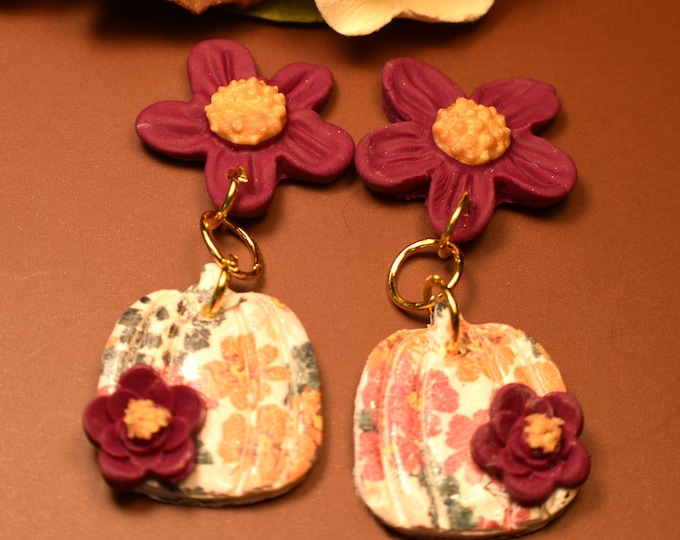 Fall Flower Pumpkin Earrings: Hypoallergenic Clay Jewelry