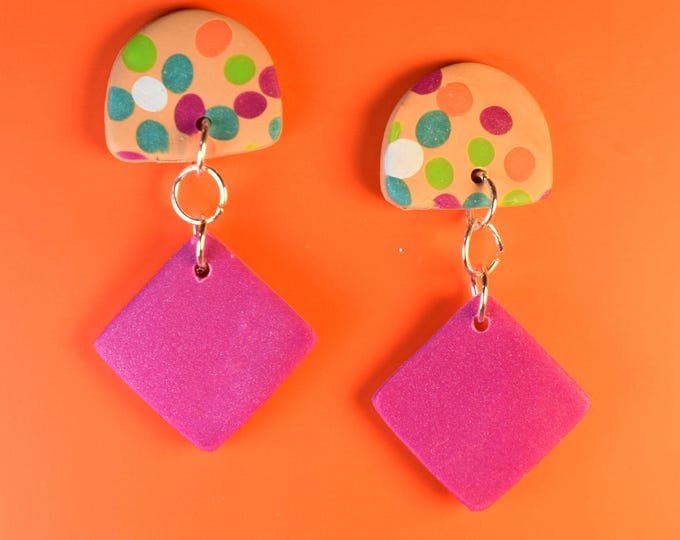 Retro 70's Clay Earrings: Purple Dots, Square Fall Jewelry