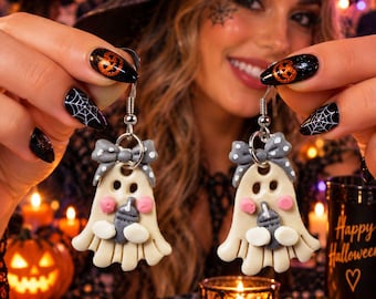 Cute Halloween Ghost Clay Earrings, Spooky Pumpkin Jewelry, Halloween Party Earrings, Fun Fall Gift for Her