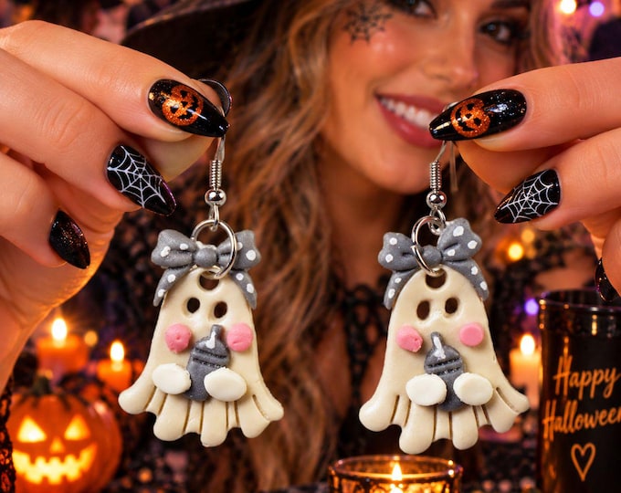 Cute Halloween Ghost Clay Earrings, Spooky Pumpkin Jewelry, Halloween Party Earrings, Fun Fall Gift for Her