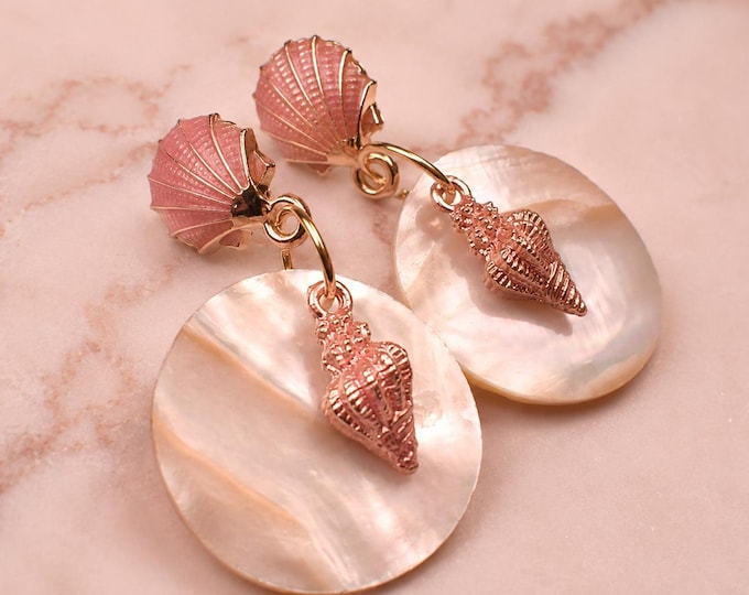 Luxury Mother of Pearl Earrings, Pink Seashell Bridal Earrings, Coastal Chic Jewelry, Ocean Inspired Statement Earrings