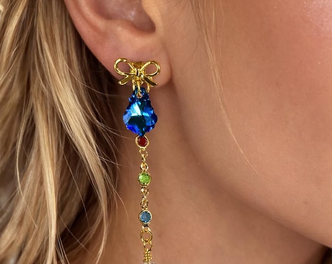 Swarovski Crystal Bow Dangle Earrings, Gold Chain, Colorful Accents