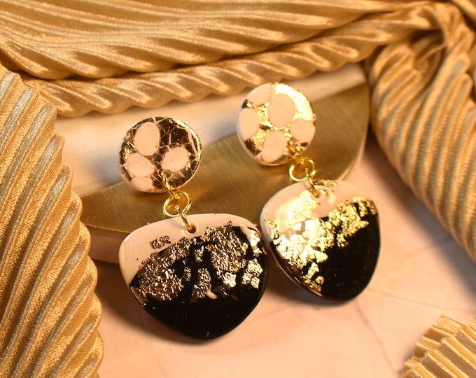 Gold Leaf Clay Earrings: Black & White Hypoallergenic Dangles
