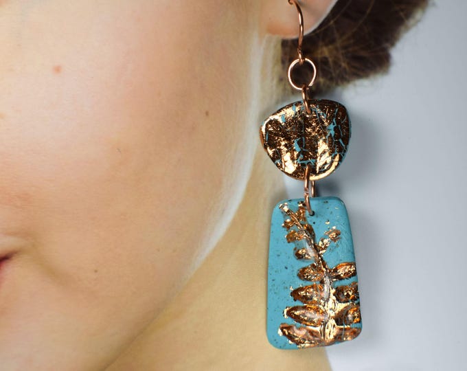 Botanical Statement Gold Leaf Earrings, Garden Herb Clay Jewelry