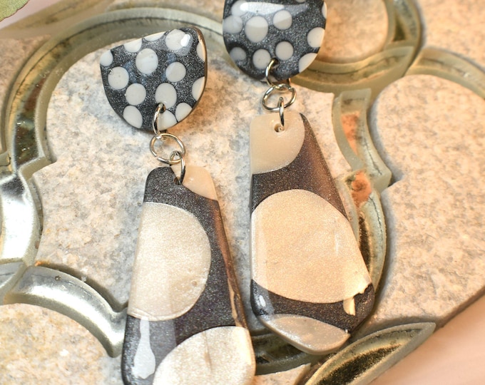 Iridescent Pearl Dot Clay Earrings: Sparkly Granite Gray, Hypoallergenic