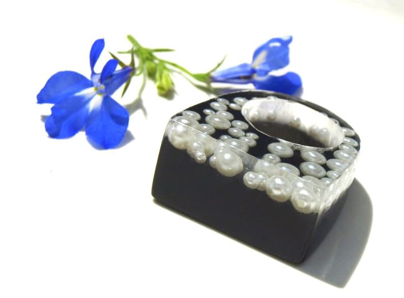 Licorice & Pearls Resin Ring Black and White Ring Statement image 0