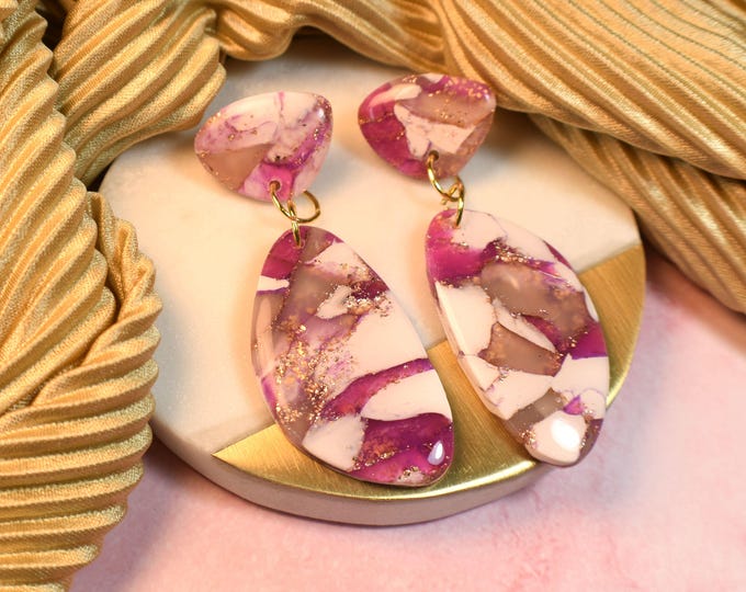 Pink Stone Clay Earrings, Gold Leaf Earrings, Purple Stone Earrings