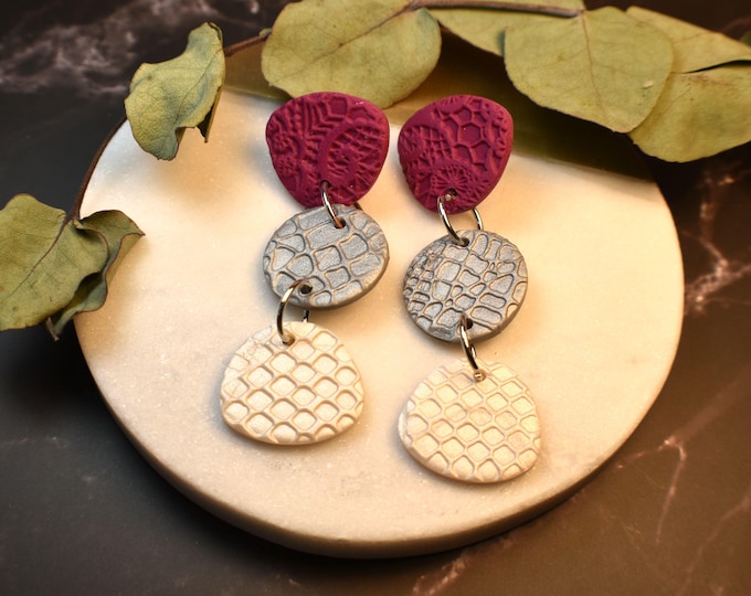 Clay Earrings: Burgundy, Pearl, & Gray Boho Organic Shapes