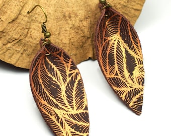 Boho Leather Leaf Earrings: Hand-Painted Tropical Jewelry