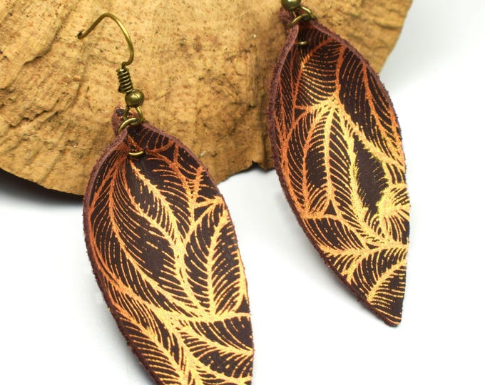 Boho Pinched Leather Earrings, Tropical Earrings, Nature Lover Jewelry, Vacation Earrings