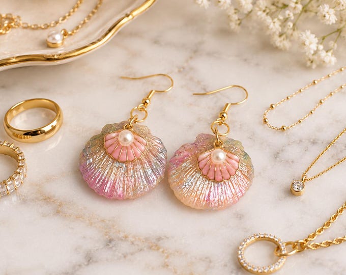 Iridescent Clay Shell Earrings with Pink Enamel Seashell Charm, Beach Jewelry, Wedding Earrings, Coastal Mermaid Earrings