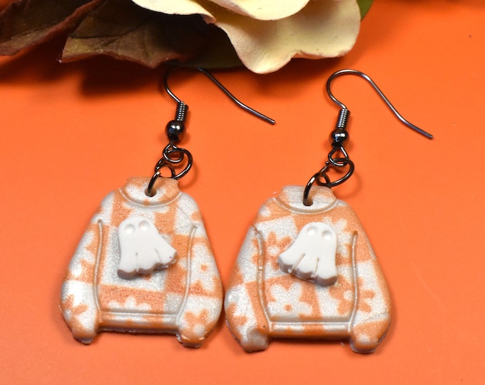 Hand Stenciled Halloween Ghost Earrings: Lightweight Clay Fall Jewelry