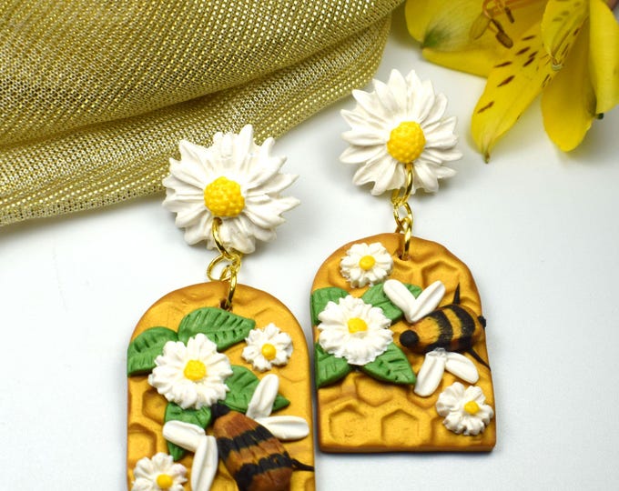 Bumble Bee Earrings, Honeycomb Earrings, Daisy Flower Earrings, Clay Earrings, Fun Earrings