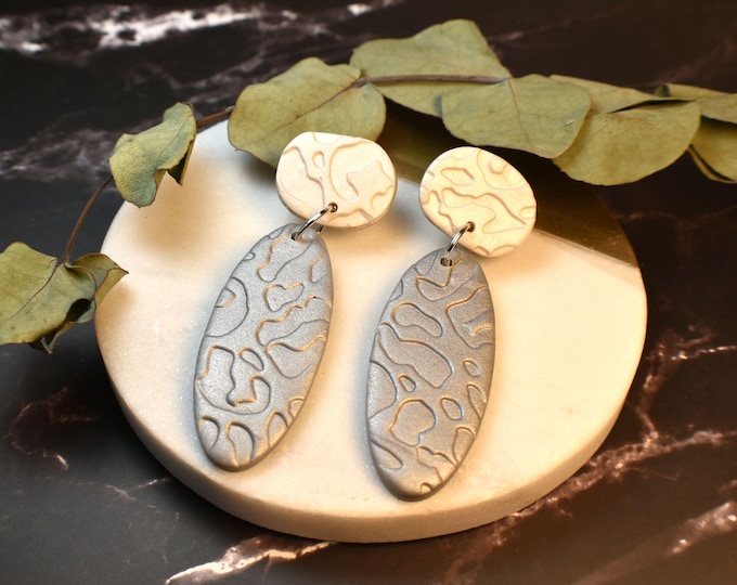 Clay Earrings, Boho Iridescent Pearl and Sparkly Granite Earrings