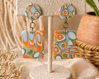 Retro Hippie Earrings, Handmade 60s Inspired Polymer Clay Dangle Earrings, Boho Statement Jewelry
