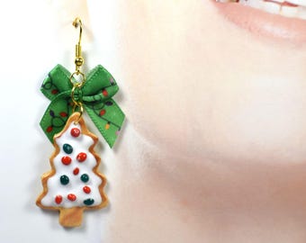 Christmas Cookie Tree Clay Earrings, Mini Food Party Earrings