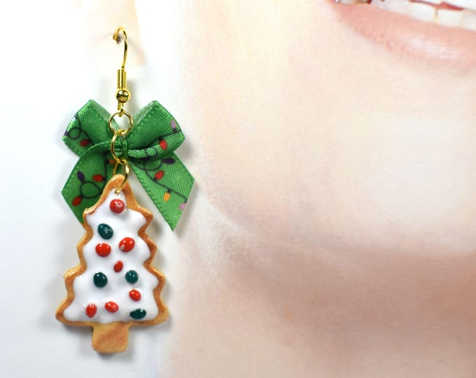 Christmas Cookie Tree Clay Earrings, Mini Food Party Earrings