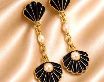 Shell Earrings, Ocean Inspired Black Enamel Charm Earrings, Gold Seashell Dangles with Pearls, Nautical Coastal Statement Jewelry