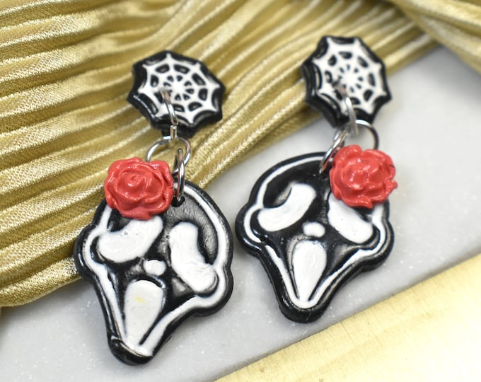 Halloween Scream Skull & Spiderweb Earrings, Halloween Costume Jewelry