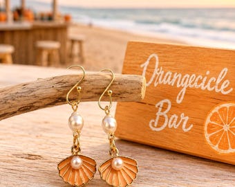 Seashell Pearl Earrings, Gold Beach Charms, Orange  or Blue Coastal Ocean Inspired Earrings, Tropical Shell Dangles, Summer Vacation Gift