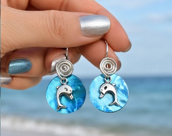 Blue Mother of Pearl Dolphin Earrings, Silver Coastal Beach Nautical Jewelry
