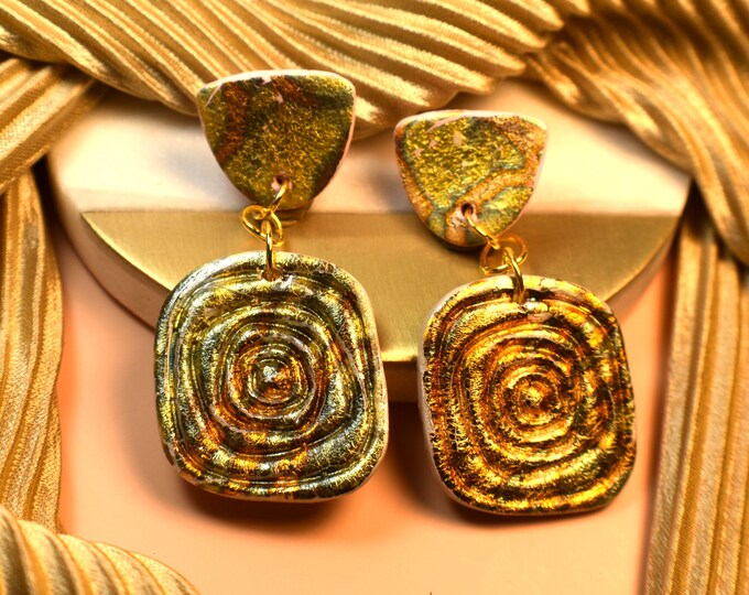 Gold Leaf Clay Spiral Earrings, Boho Mystical Geometric Earrings